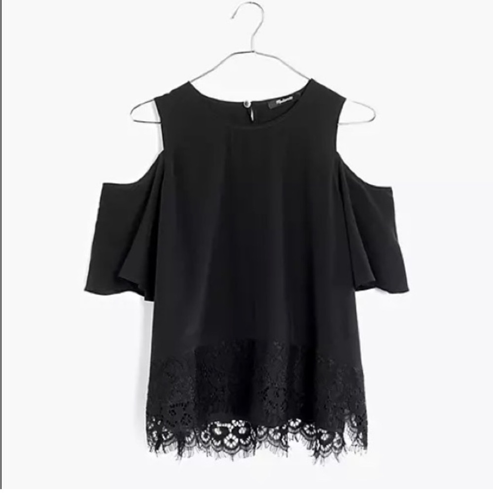 NWT Madewell lace edged silk cold shoulder blouse cropped boxy cut xsmall black